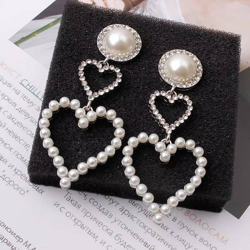 Double Heart Diamond Pearl Earrings fashionnsio