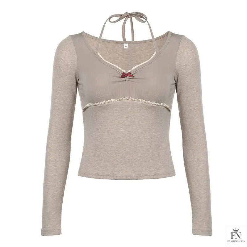 Halter Long Sleeve Bow Top - Fashionnsio