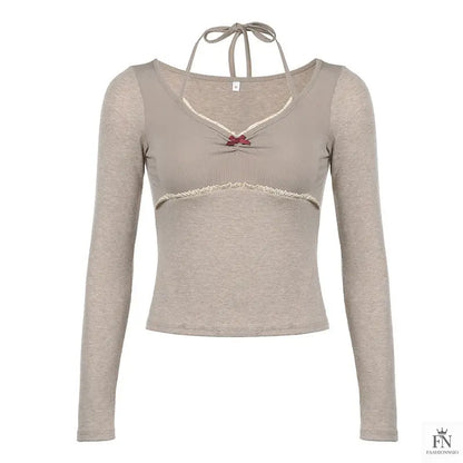 Halter Long Sleeve Bow Top - Fashionnsio