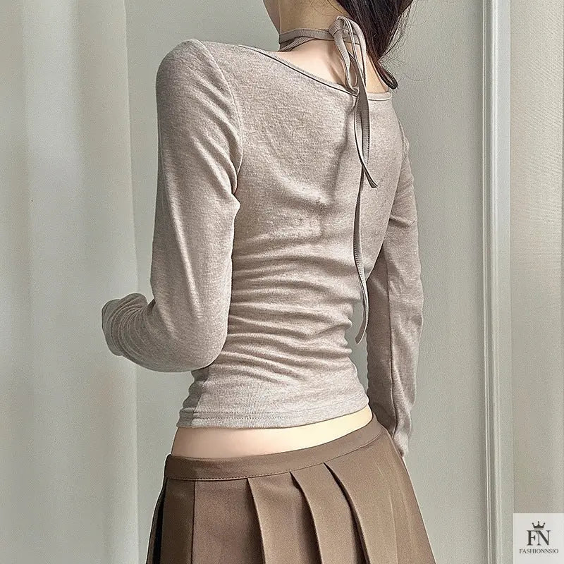 Halter Long Sleeve Bow Top - Fashionnsio