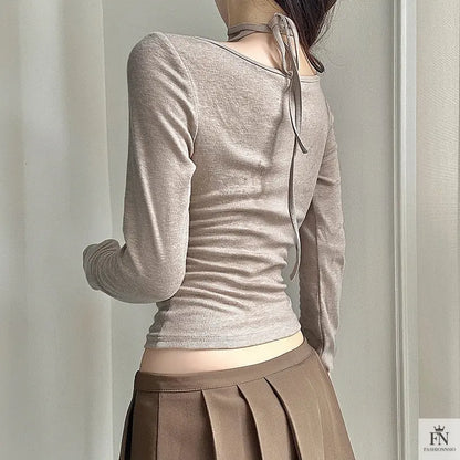 Halter Long Sleeve Bow Top - Fashionnsio