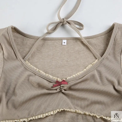 Halter Long Sleeve Bow Top - Fashionnsio