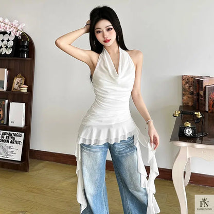 Halter Ruched Tassel Ruffle Top - Fashionnsio