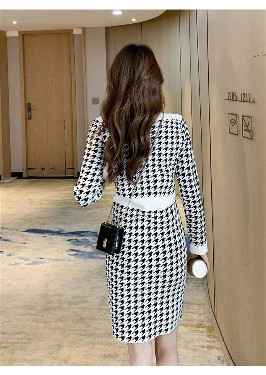 Korean Plaid Bodycon Knitted Dress