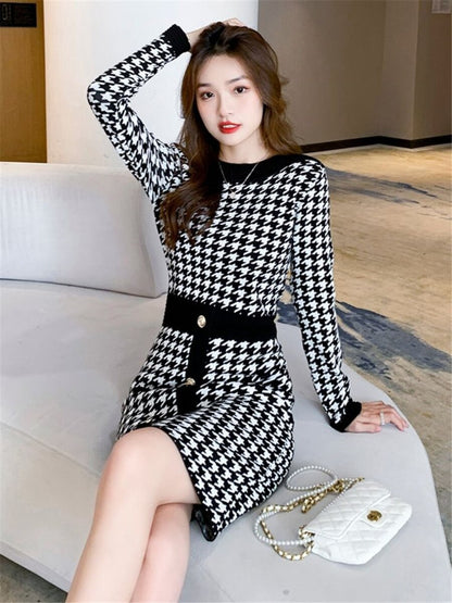 Korean Plaid Bodycon Knitted Dress