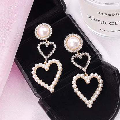 Double Heart Diamond Pearl Earrings fashionnsio