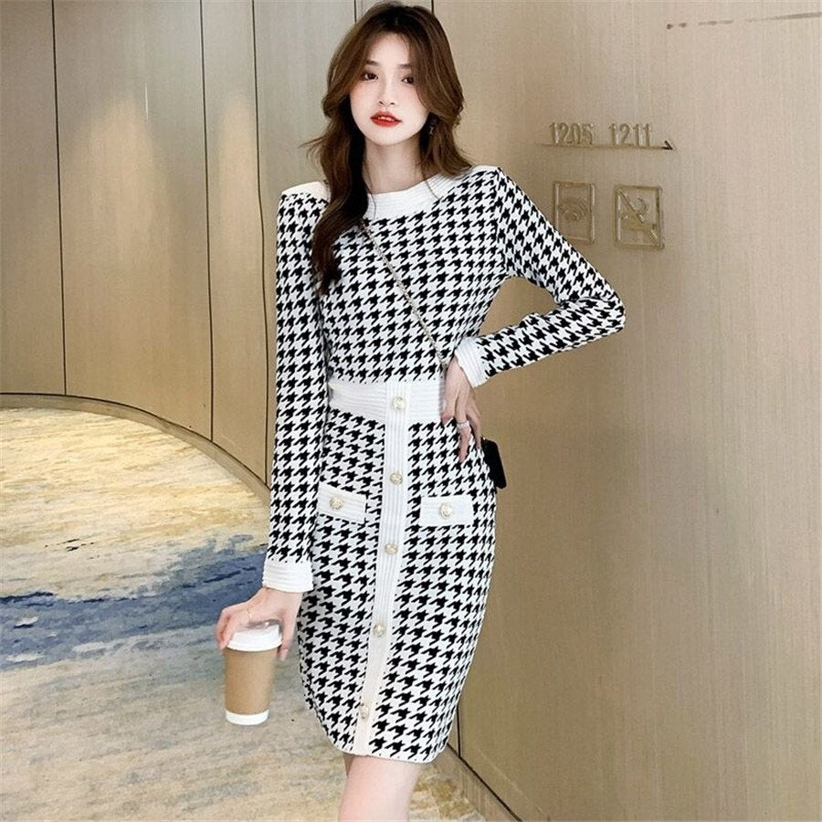 Korean Plaid Bodycon Knitted Dress