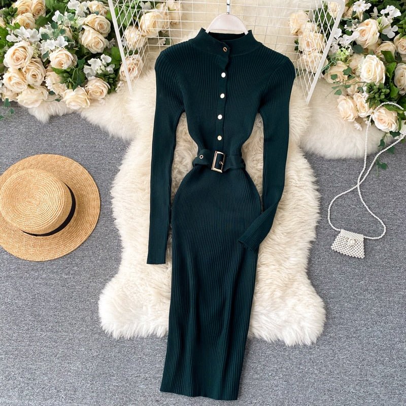 Elegant Belt Knitted Dress