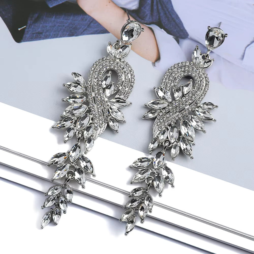 Peacock Leaf Crystal Long Earrings fashionnsio