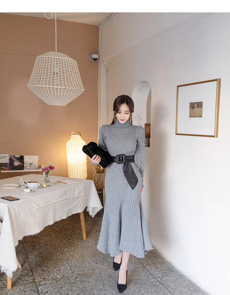 Turtleneck Knitted Dress With Belt