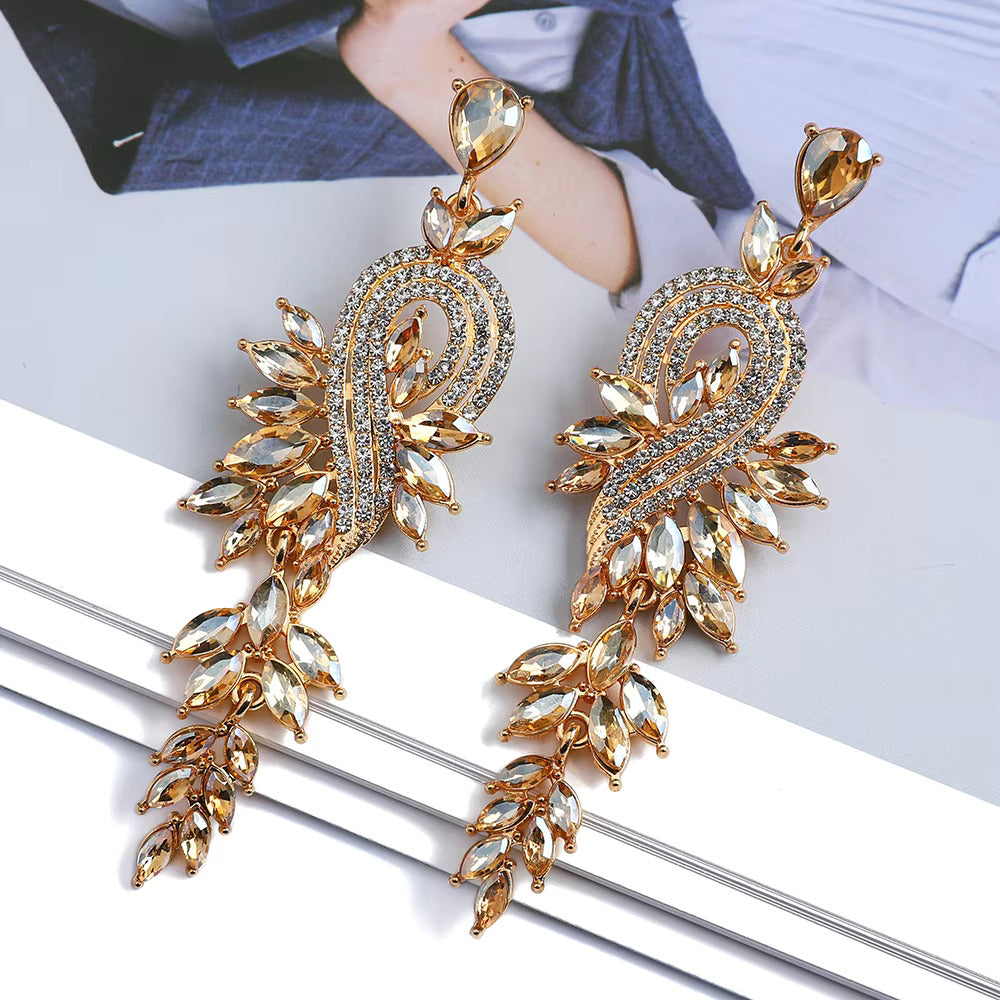 Peacock Leaf Crystal Long Earrings fashionnsio