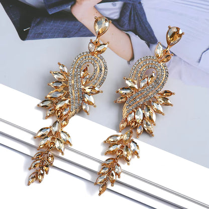 Peacock Leaf Crystal Long Earrings fashionnsio