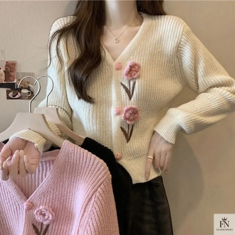 Floral Embellish Knitted Cardigan Top - Fashionnsio