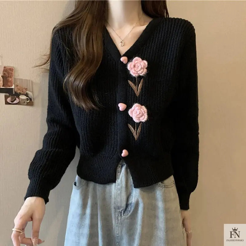 Floral Embellish Knitted Cardigan Top - Fashionnsio