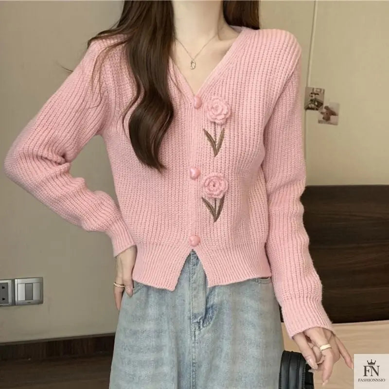 Floral Embellish Knitted Cardigan Top - Fashionnsio