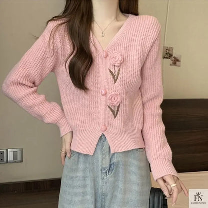 Floral Embellish Knitted Cardigan Top - Fashionnsio