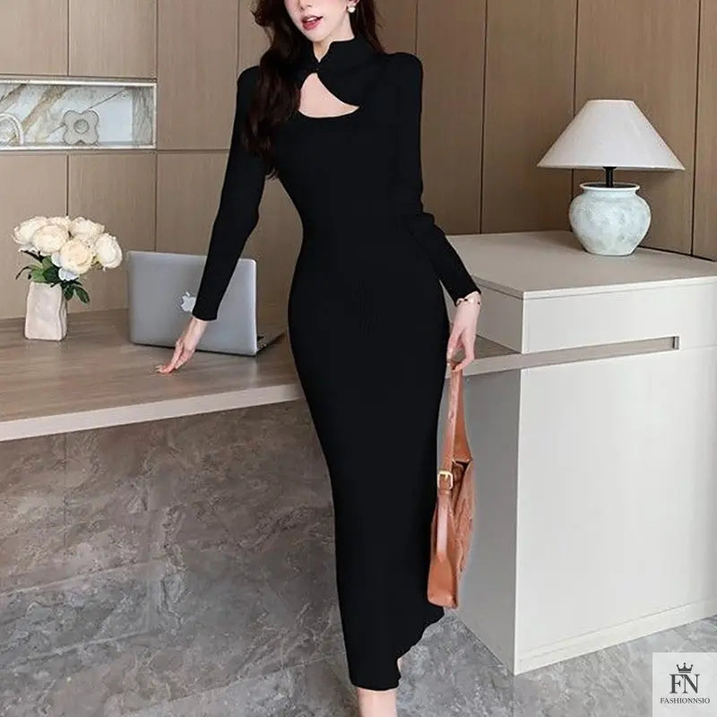 Button Cutout Ribbed Sweater Dress - Fashionnsio