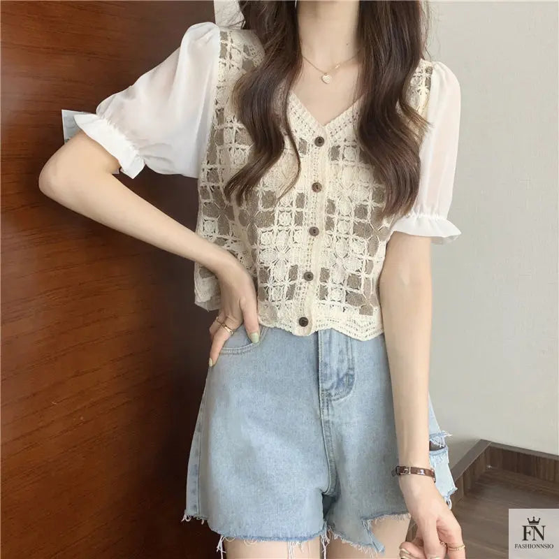 Puff Sleeve Floral Crochet Top - Fashionnsio