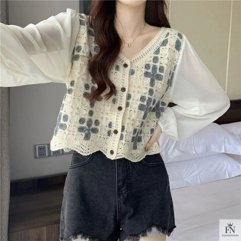 Puff Sleeve Floral Crochet Top - Fashionnsio