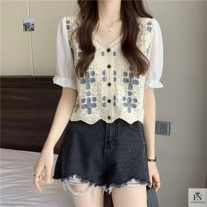 Puff Sleeve Floral Crochet Top - Fashionnsio