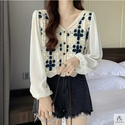 Puff Sleeve Floral Crochet Top - Fashionnsio