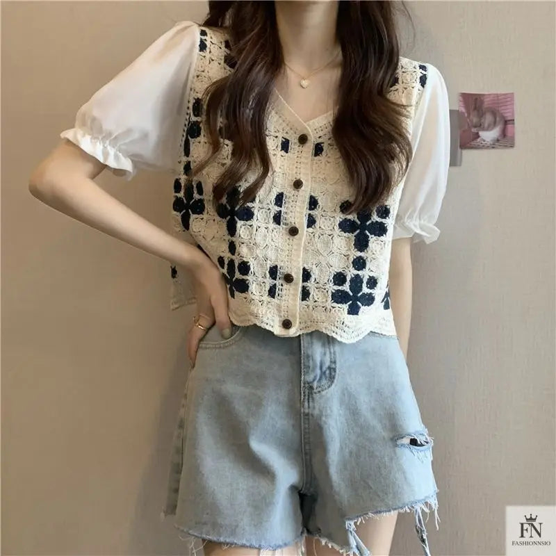 Puff Sleeve Floral Crochet Top - Fashionnsio