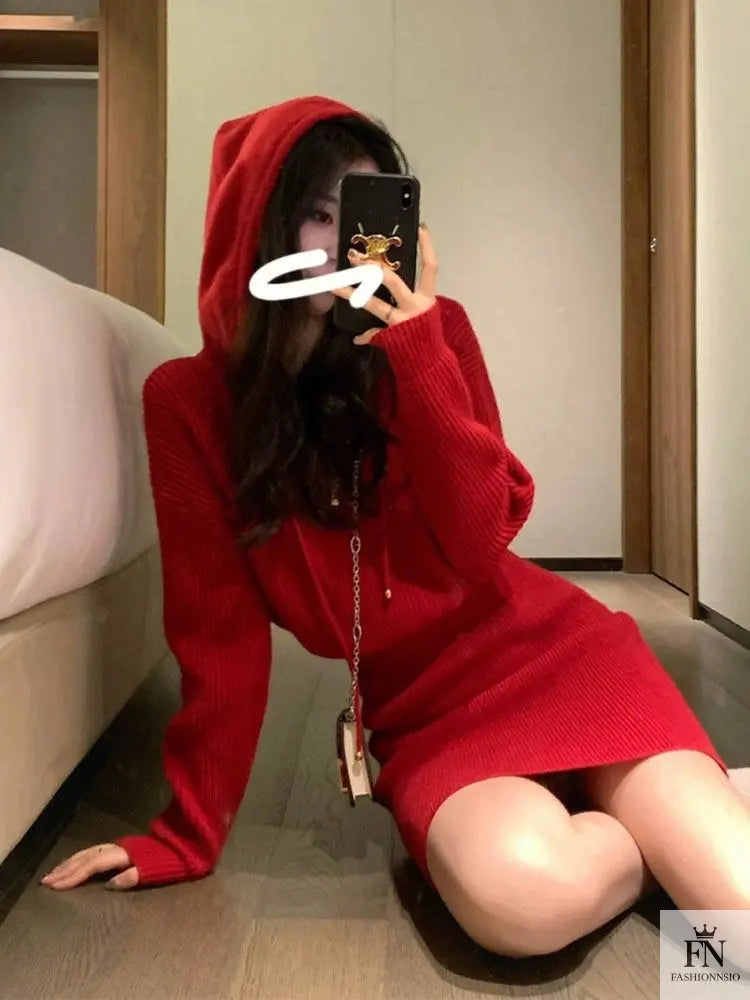 Hooded Knit Mini Dress - Fashionnsio