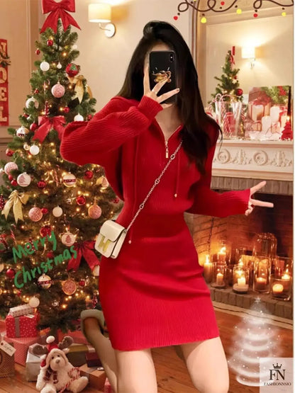 Hooded Knit Mini Dress - Fashionnsio