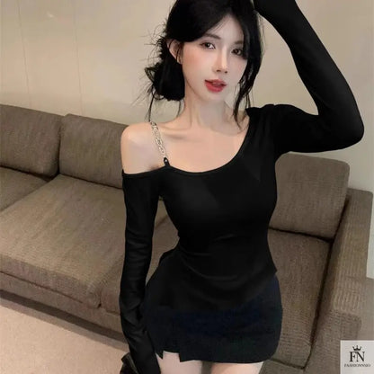 Irregular Diagonal Cold Shoulder Top - Fashionnsio