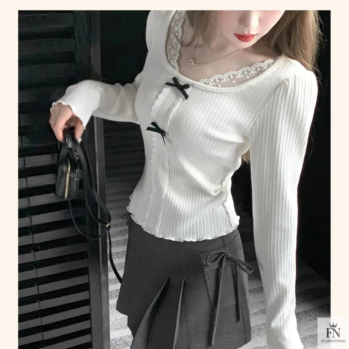 Knit Lace Black Bow Top - Fashionnsio