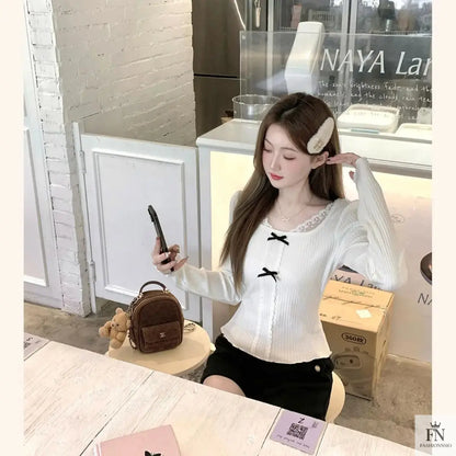 Knit Lace Black Bow Top - Fashionnsio