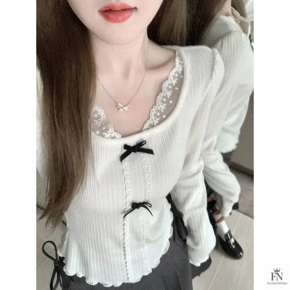 Knit Lace Black Bow Top - Fashionnsio