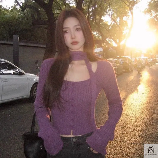 Knitted Button Sweater Top With Scarf - Fashionnsio