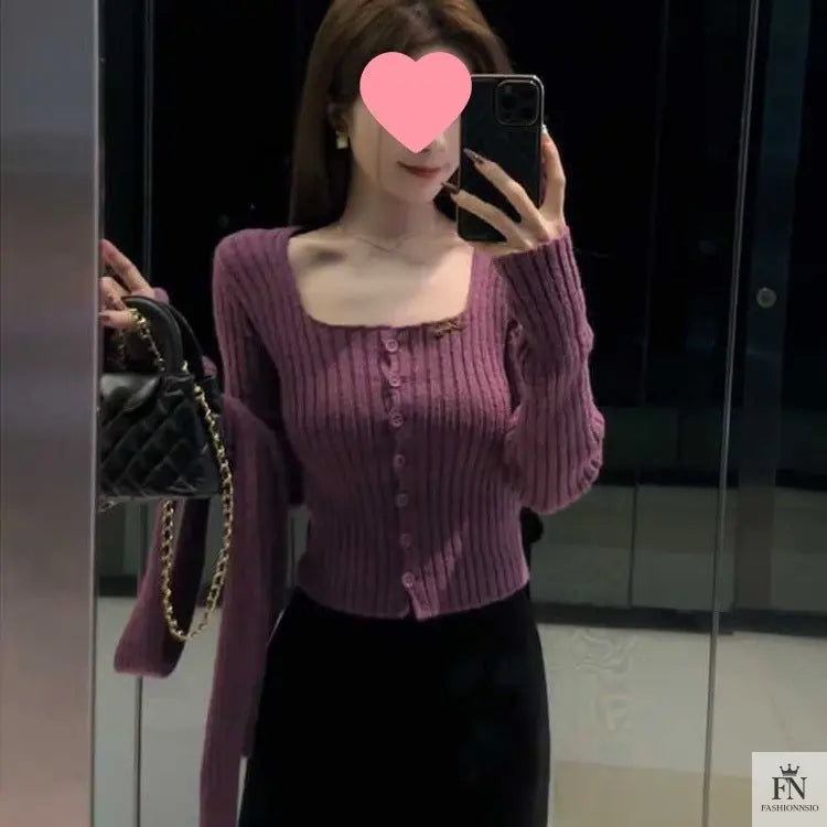 Knitted Button Sweater Top With Scarf - Fashionnsio