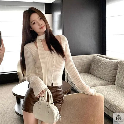 Knitted Button Sweater Top With Scarf - Fashionnsio