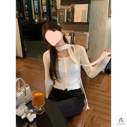 Knitted Button Sweater Top With Scarf - Fashionnsio