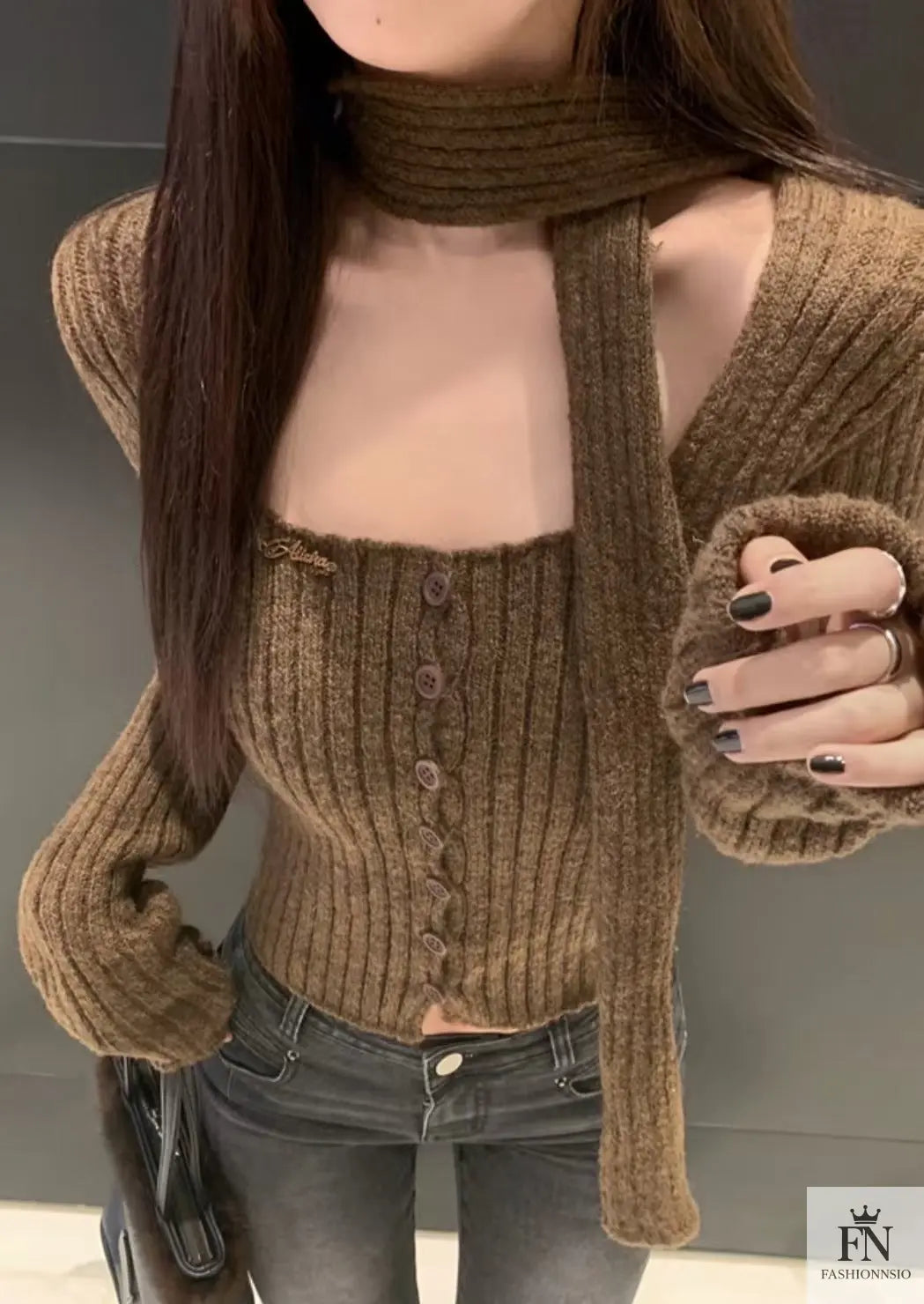 Knitted Button Sweater Top With Scarf - Fashionnsio