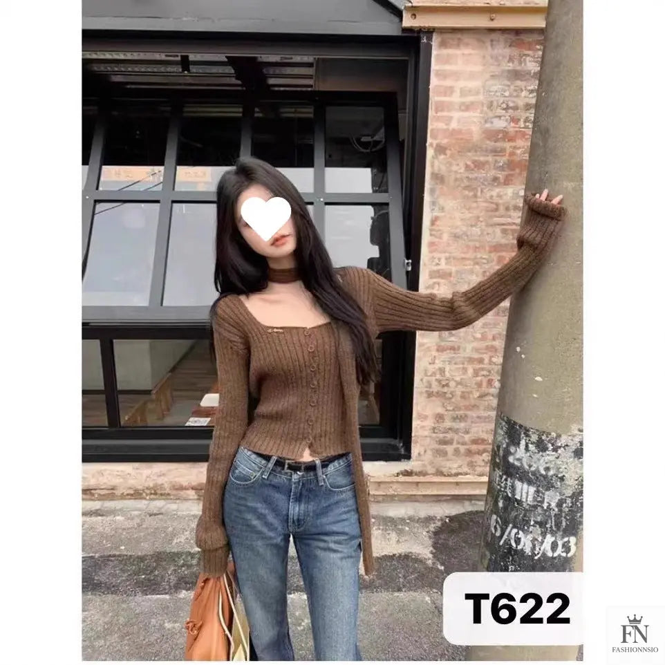 Knitted Button Sweater Top With Scarf - Fashionnsio