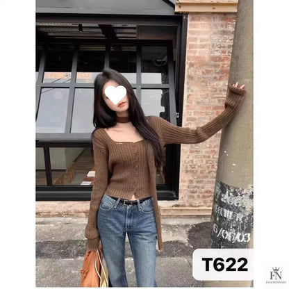 Knitted Button Sweater Top With Scarf - Fashionnsio