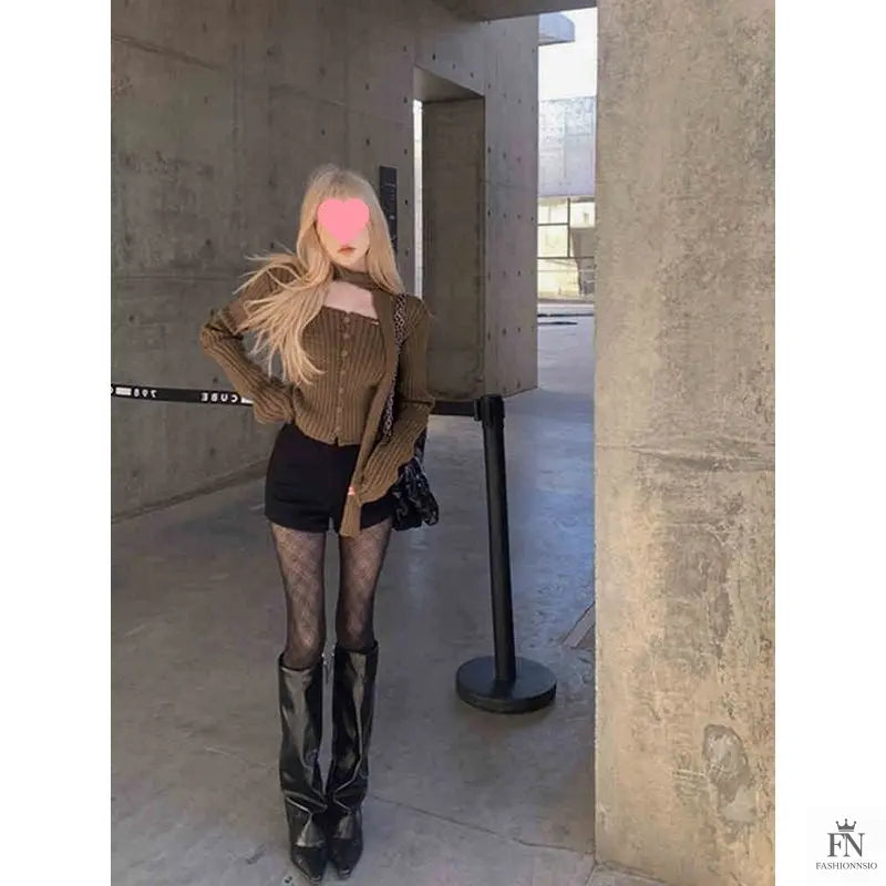 Knitted Button Sweater Top With Scarf - Fashionnsio