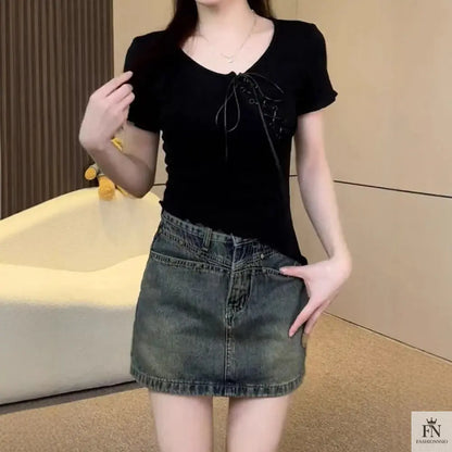 Korean Irregular Lace Up Top - Fashionnsio