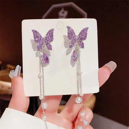 Butterfly Crystal Pearl Earrings fashionnsio