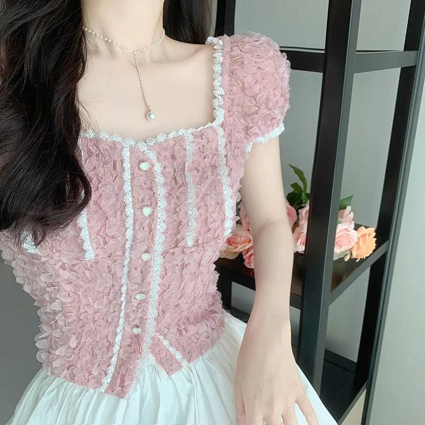 Floral Lace Heart Button Top