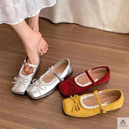 Lace Bow Ballet Flats - Fashionnsio