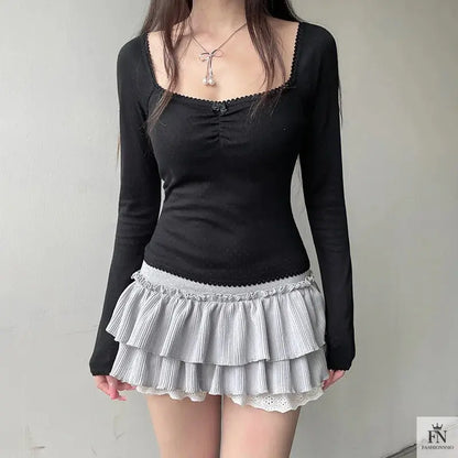 Lace Bow Long Sleeve Top - Fashionnsio