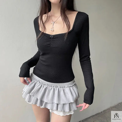 Lace Bow Long Sleeve Top - Fashionnsio