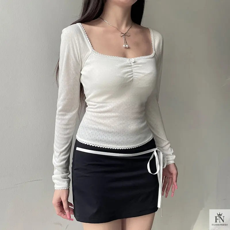 Lace Bow Long Sleeve Top - Fashionnsio