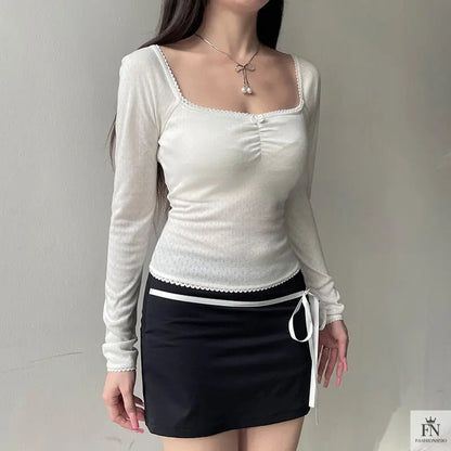 Lace Bow Long Sleeve Top - Fashionnsio