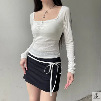 Lace Bow Long Sleeve Top - Fashionnsio