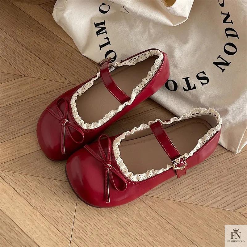 Lace Bow Mary Jane Flats - Fashionnsio